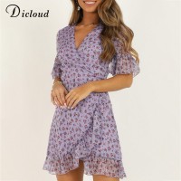 DICLOUD Women Lilac Floral Wrap Dress Summer Elegant Flare Sleeve Boho Print Mini Sundress Sexy V Neck Ladies Clothes 2020
